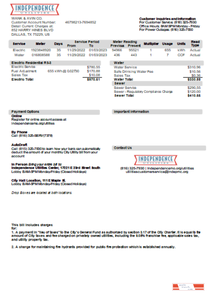 City of Independence, Missouri utility business bill, SCR PSD template